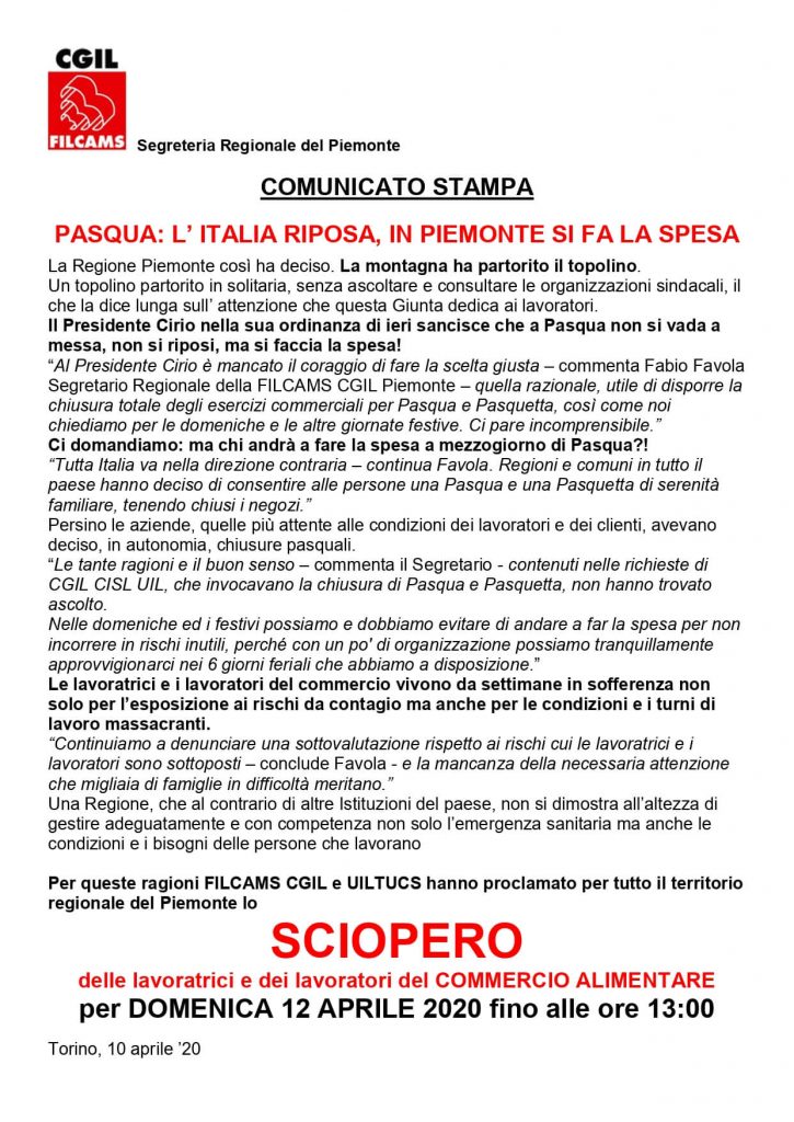 Comunicato-FILCAMS Piemonte - Sciopero Pasqua 2020