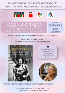 L’AUTRICE SARA RATTARO PRESENTA IL LIBRO “IL VESTITO DI MIA MADRE. STORIA DI TERESA MATTEI, ANTIFASCISTA”. SCUOLA DEL POPOLO VENERDÌ 29 MAGGIO 2026